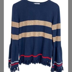 THML Striped Bell Sleeve Fringe Sweater Blue Beige Blue Sweater size‎ XS tassels